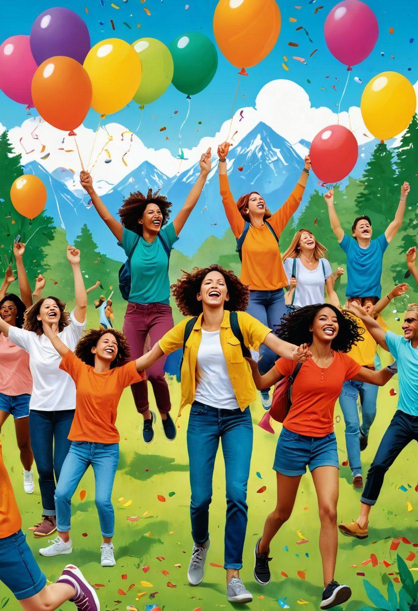 A vibrant collage depicting joyful people engaging in various fun-filled explorations such as hiking, dancing, and enjoying a lively outdoor festival. Bright colors and dynamic poses convey happiness and energy, with elements of nature and community in the background. Incorporate whimsical details like balloons and confetti to enhance the celebratory theme. Playful, lively atmosphere with an emphasis on diversity. vibrant colors. illustration.