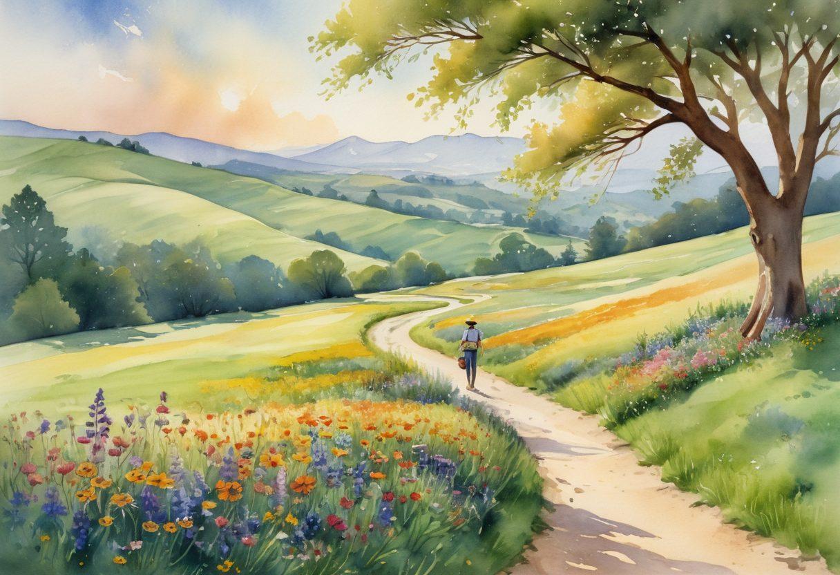 A picturesque landscape featuring a winding path through lush green hills, dotted with colorful wildflowers, symbolizing a joyful journey. In the foreground, a diverse group of friends with bright smiles, capturing moments with a vintage camera, embodying the spirit of adventure. Soft sunlight filtering through the trees creates a warm, inviting atmosphere. watercolor painting. vibrant colors.