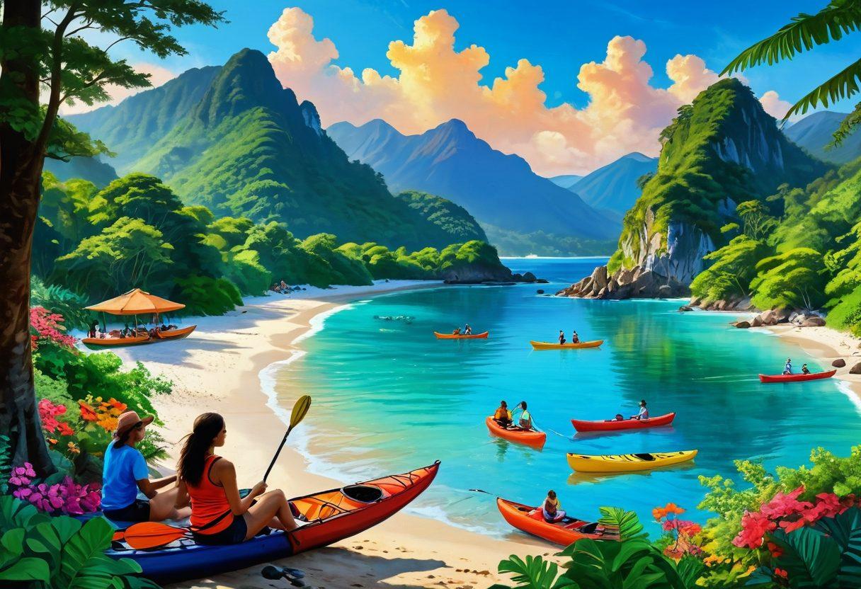 A vibrant landscape showcasing ten joyful adventures, including hiking in lush mountains, relaxing on tropical beaches, kayaking in azure waters, exploring colorful markets, and enjoying a cozy campfire. Each adventure is depicted with people smiling and embracing the beauty of nature, surrounded by lush greenery and bright flowers. The sky is filled with warm sunlight, casting a cheerful glow over the scene. super-realistic. vibrant colors.